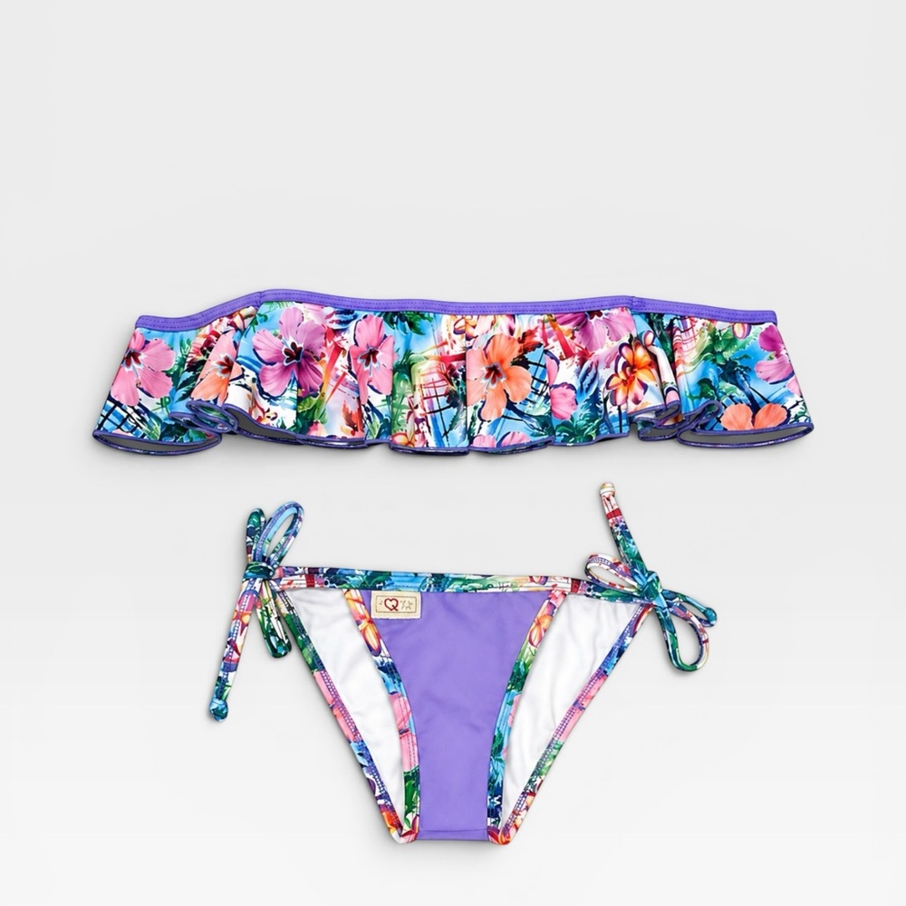 Girls Purple Tropical Ruffle Bikini Set - Kids Matching Sets